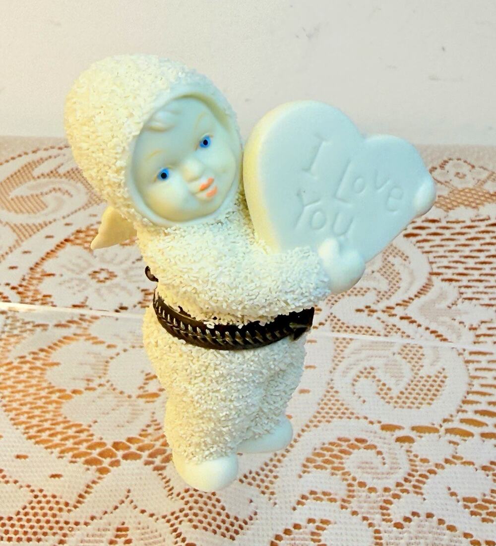White Flocked Porcelain Angel Figurine Hinged Trinket Heart “I Love You”
